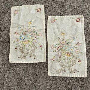 Vintage Linen Tea Cloth Napkin Floral Bouquet Design Hand Drawn Handmade
